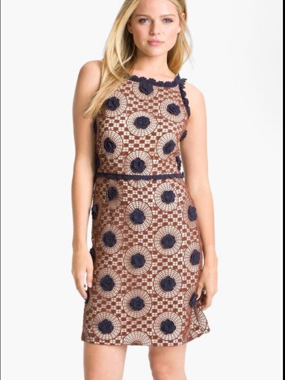 Sleeveless Brown Crochet Lace Dress with Navy Accents
